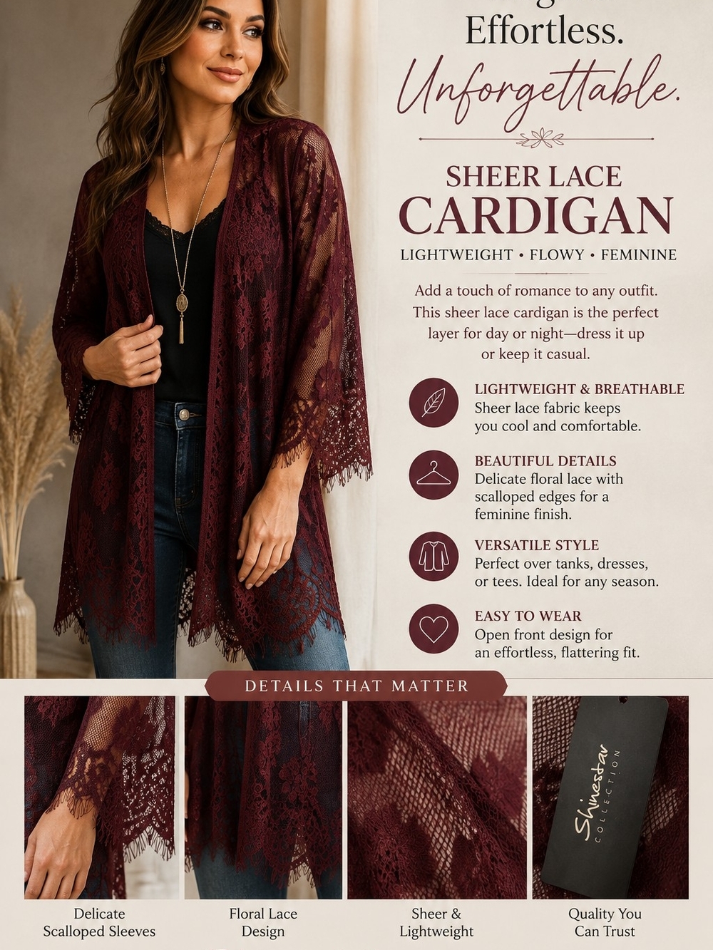 Sheer Lace Cardigan - Burgundy